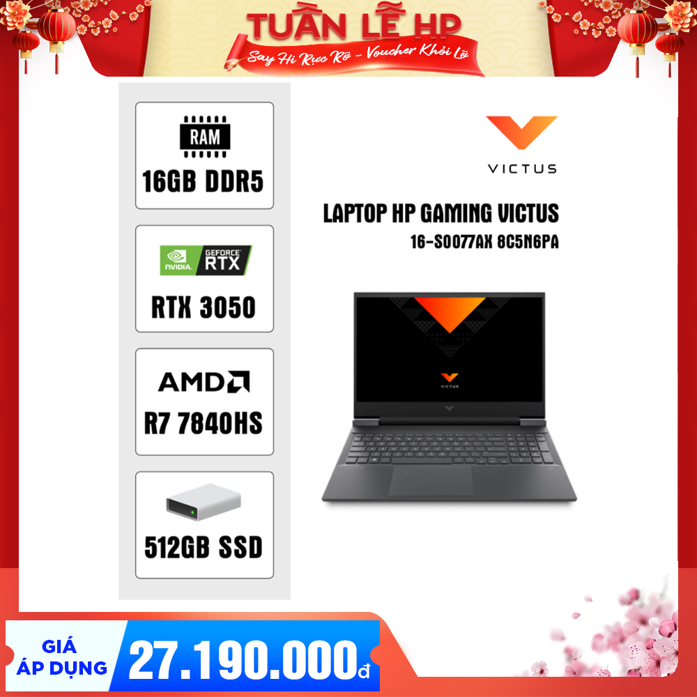 Laptop HP Gaming Victus 16-s0077AX 8C5N6PA (R7 7840HS/ 16GB/ 512GB SSD ...