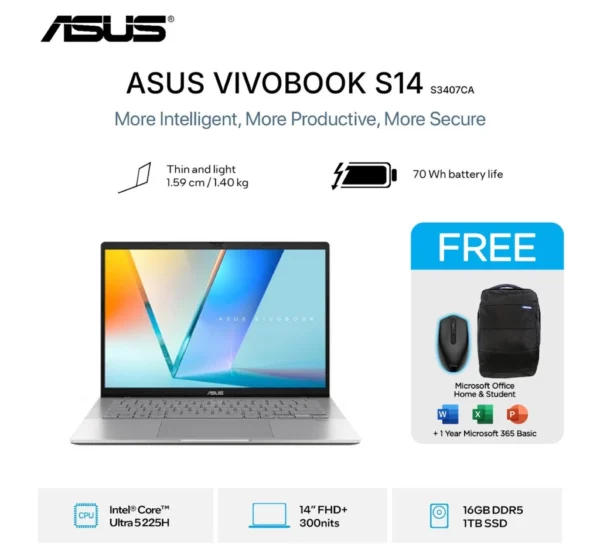 ASUS Vivobook S14 S3407CA Ultra 5 225H 1TB SSD 16GB WUXGA IPS Win11+OHS ...
