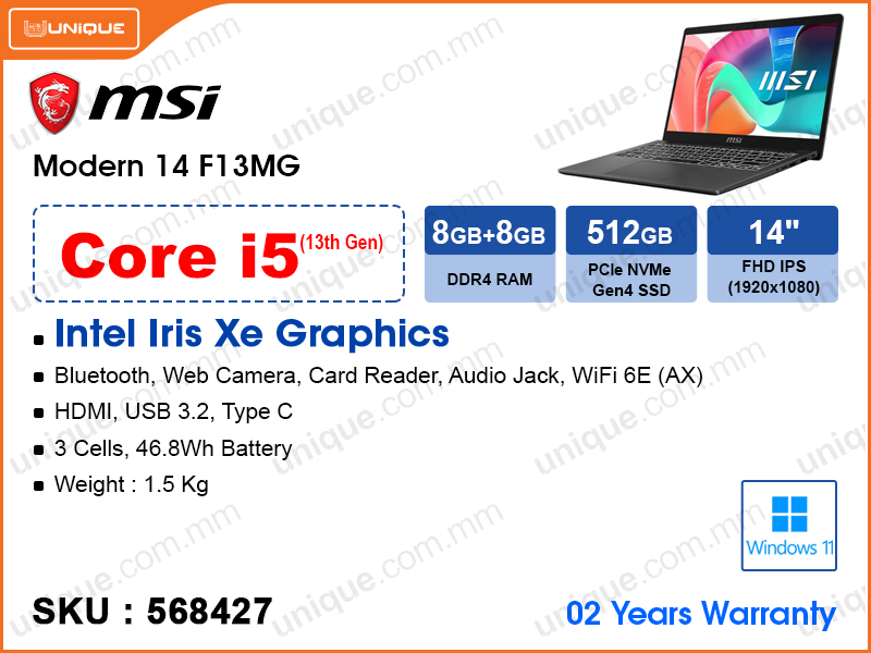 msi Modern 14 F13MG (Intel Core i5-1334U, 16GB DDR4 3200MHz (8GBx2, up ...